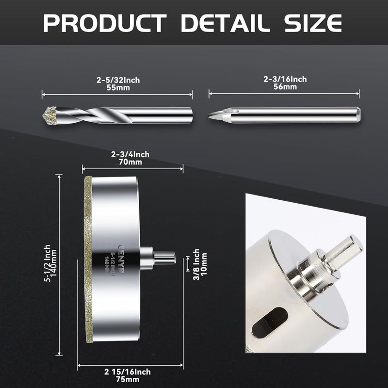 cenyb 5-1/2inch | 140mm Diamond Hole Saw with Center Drill bit and Diamond-Coated Center Drill bit for Ceramic Glass Marble Fiberglass Granite and Porcelain Tiles by - Image 2